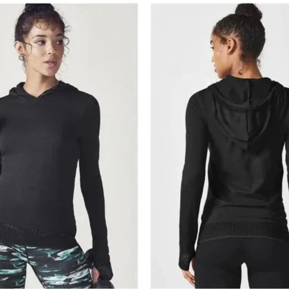 Fabletics Megan Seamless Pullover Black Stretch Hoodie Mesh Hem Cuff
Size Small